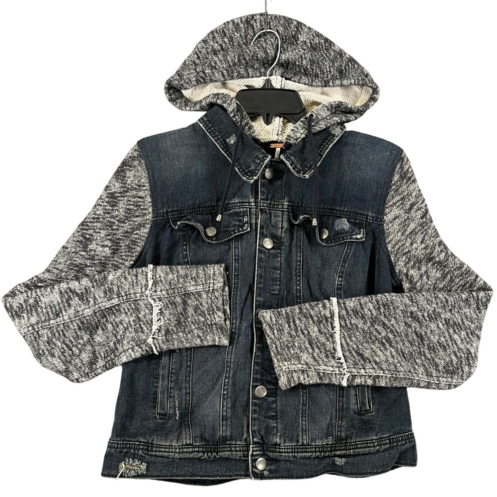 Free People Denim Jacket Women L Mixed Media Hooded Distressed Casual Outerwear